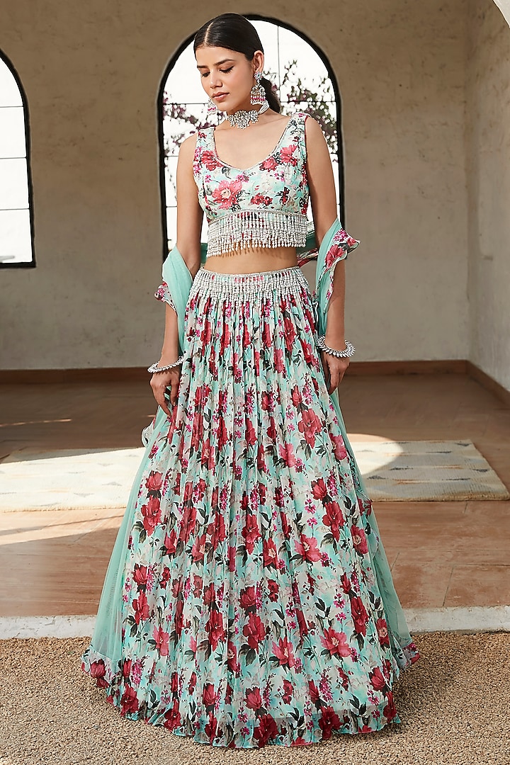 Green Viscose Organza Floral Printed Lehenga Set by Basanti - Kapde aur Koffee at Pernia's Pop Up Shop