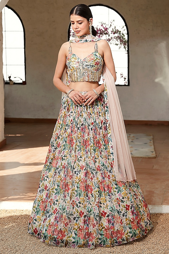 Multi-Colored Viscose Organza Floral Printed Lehenga Set by Basanti - Kapde aur Koffee at Pernia's Pop Up Shop