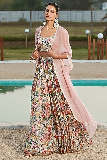 Peach Viscose Organza Embroidered Cape Set by Basanti - Kapde aur Koffee at Pernia's Pop Up Shop