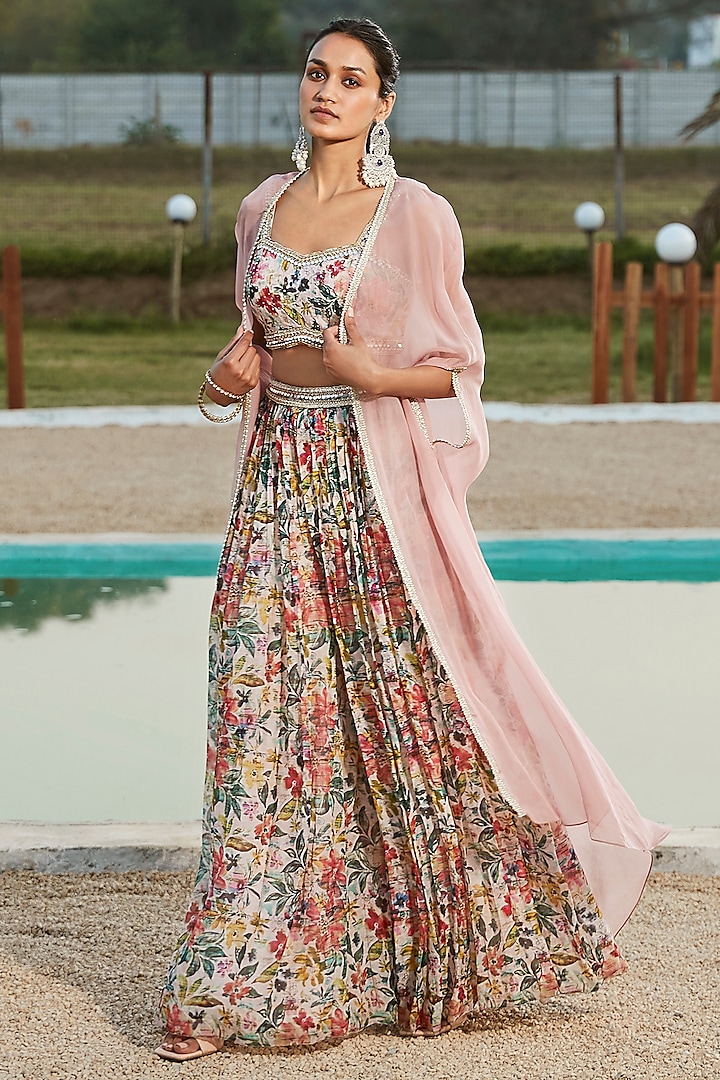 Peach Viscose Organza Embroidered Cape Set by Basanti - Kapde aur Koffee at Pernia's Pop Up Shop