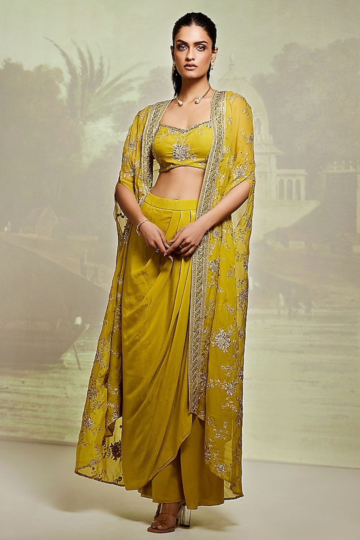 Yellow Viscose Organza Zari Work Cape Set by Basanti - Kapde aur Koffee at Pernia's Pop Up Shop