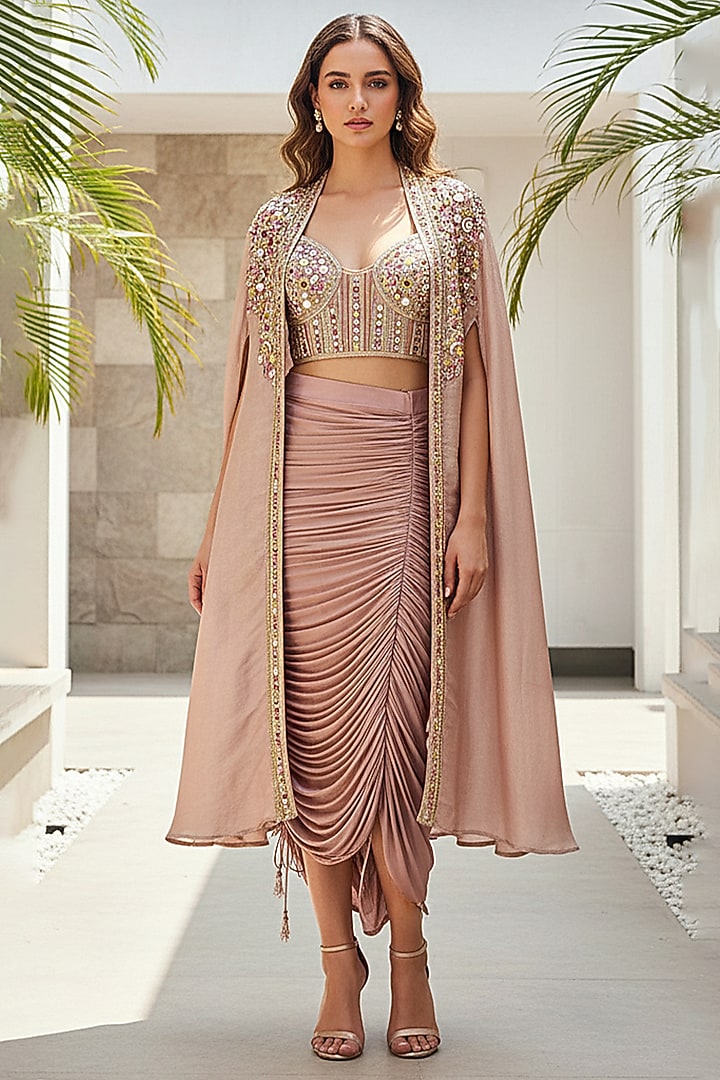 Peach Lycra Draped Skirt Set by Basanti - Kapde aur Koffee at Pernia's Pop Up Shop