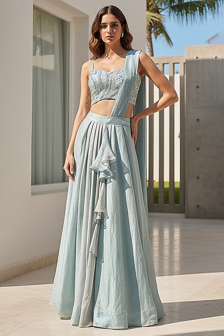 Blue Crushed Tissue Draped Festive Saree Set by Basanti - Kapde aur Koffee at Pernia's Pop Up Shop