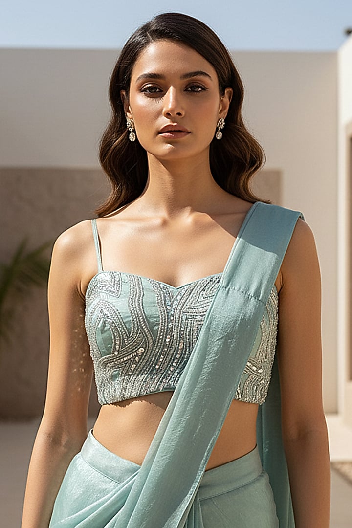 Blue Crushed Tissue Draped Festive Saree Set by Basanti - Kapde aur Koffee at Pernia's Pop Up Shop