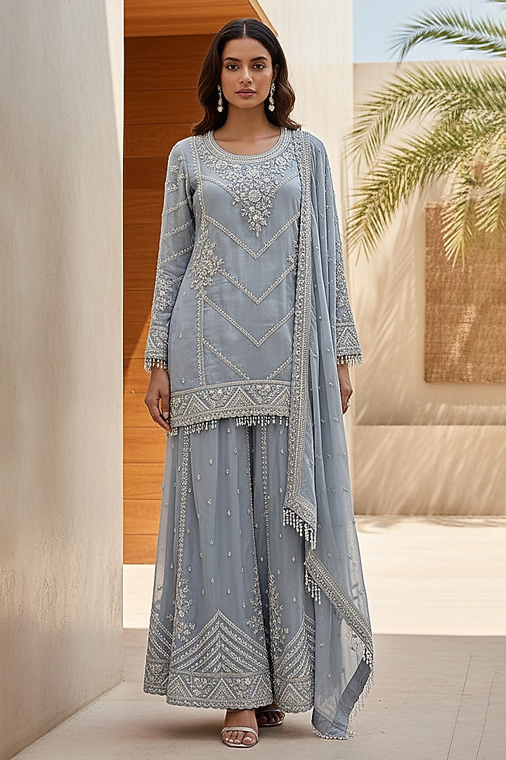 Blue Tissue Sequins Embroidered Wedding Sharara Set by Basanti - Kapde aur Koffee at Pernia's Pop Up Shop