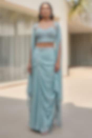Aqua Blue Crushed Tissue Draped Skirt Set by Basanti - Kapde aur Koffee at Pernia's Pop Up Shop
