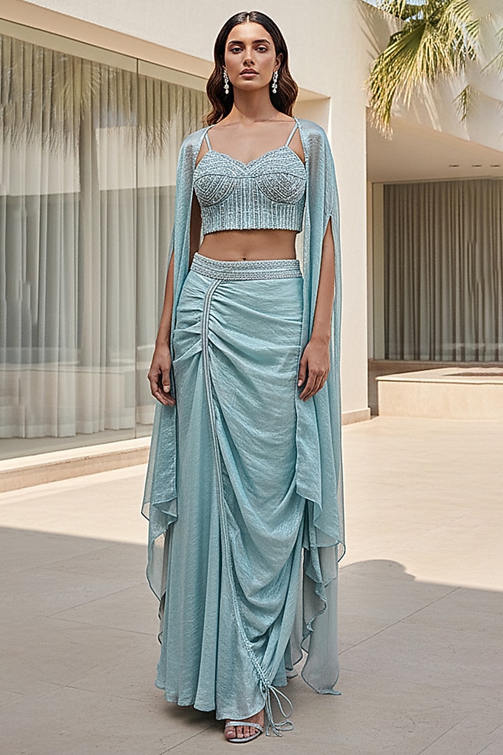 Aqua Blue Crushed Tissue Draped Skirt Set by Basanti - Kapde aur Koffee at Pernia's Pop Up Shop