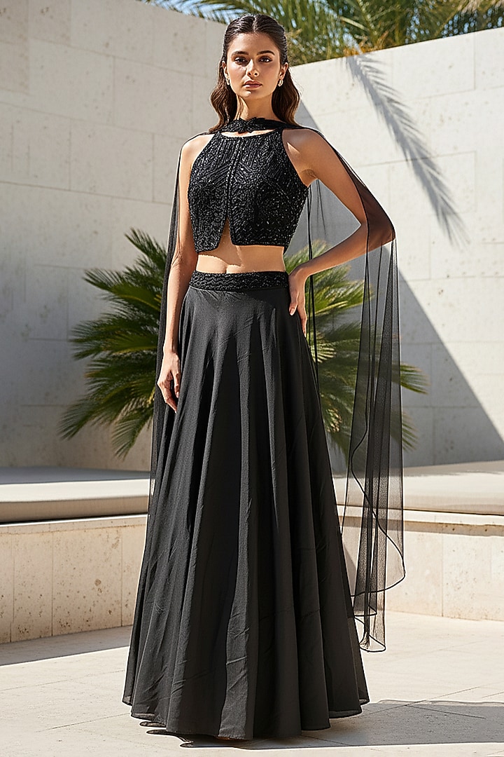 Black Satin Lehenga Set by Basanti - Kapde aur Koffee at Pernia's Pop Up Shop