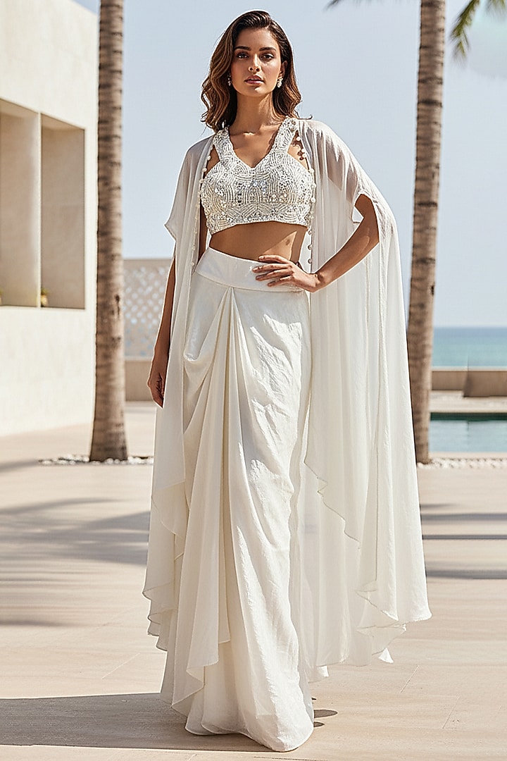 Ivory Georgette Draped Skirt Set by Basanti - Kapde aur Koffee at Pernia's Pop Up Shop