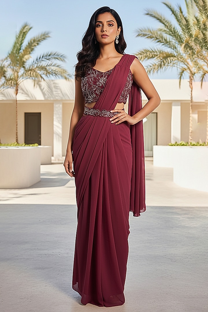 Red Georgette Draped Festive Saree Set by Basanti - Kapde aur Koffee at Pernia's Pop Up Shop