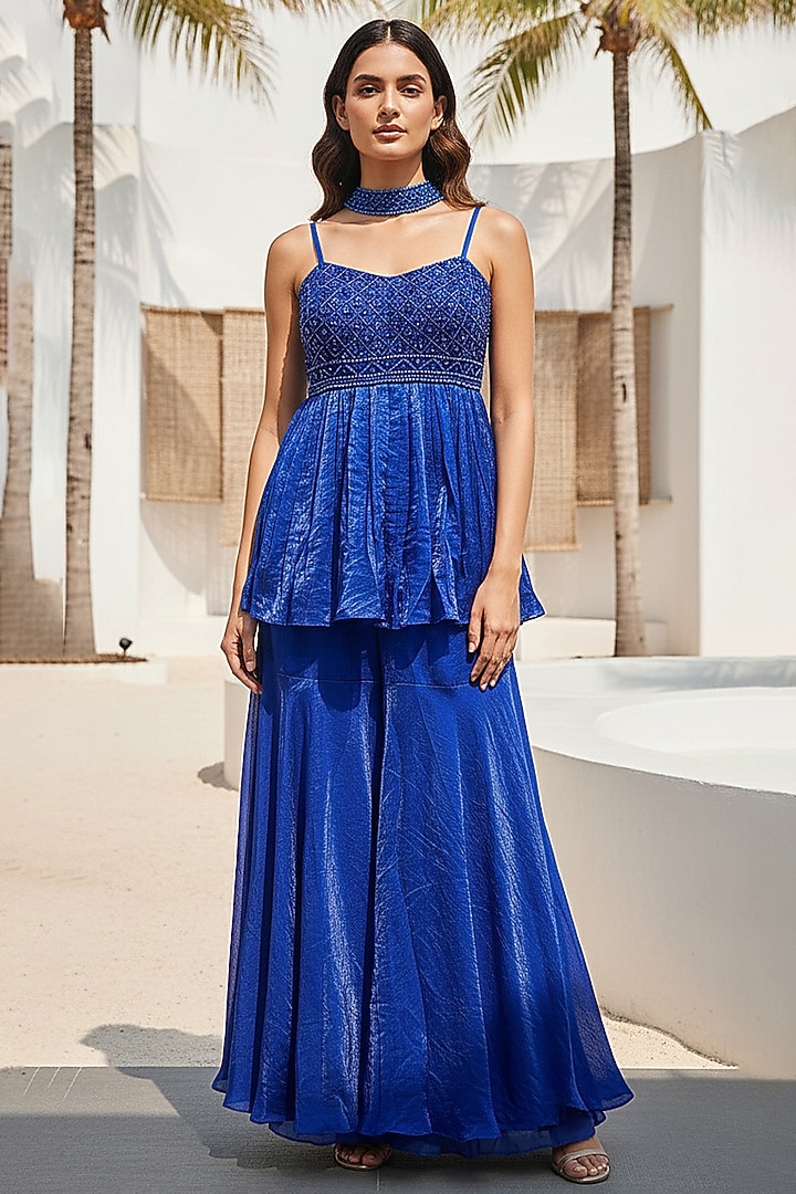 Blue Crushed Tissue Sharara Set by Basanti - Kapde aur Koffee at Pernia's Pop Up Shop