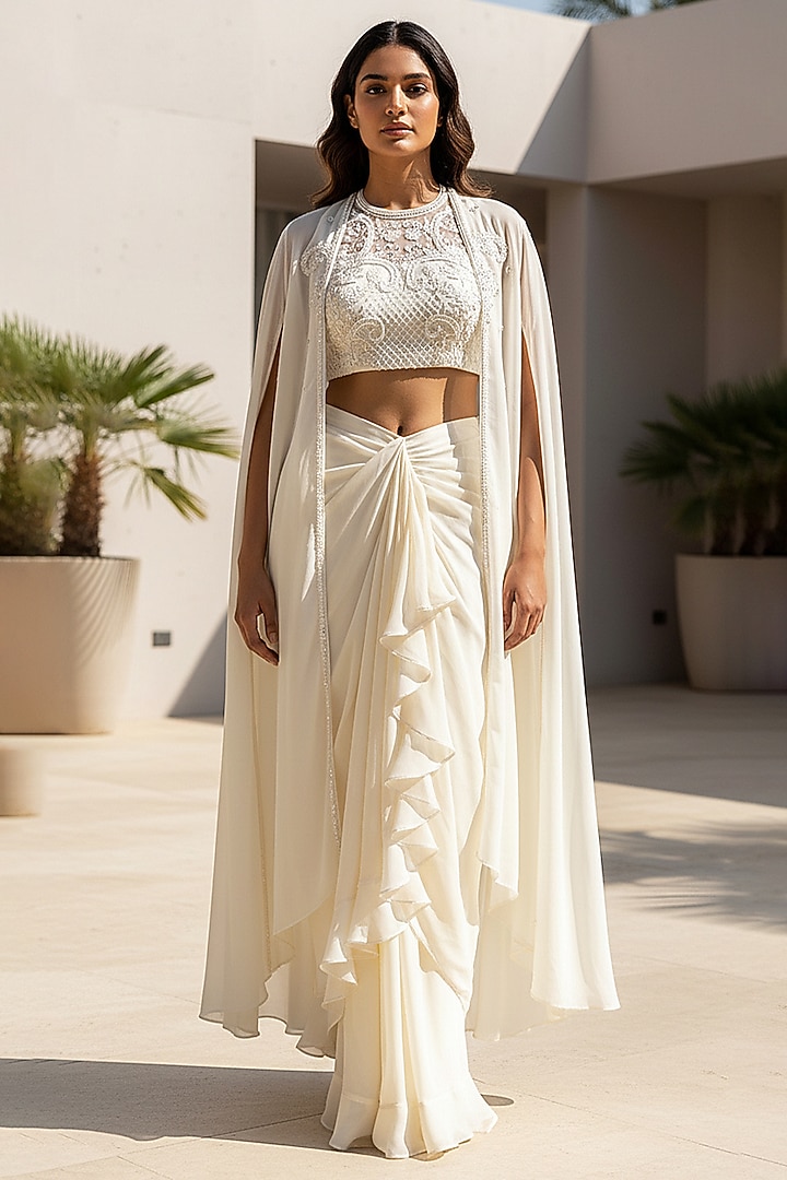Ivory Georgette Draped Skirt Set by Basanti - Kapde aur Koffee at Pernia's Pop Up Shop