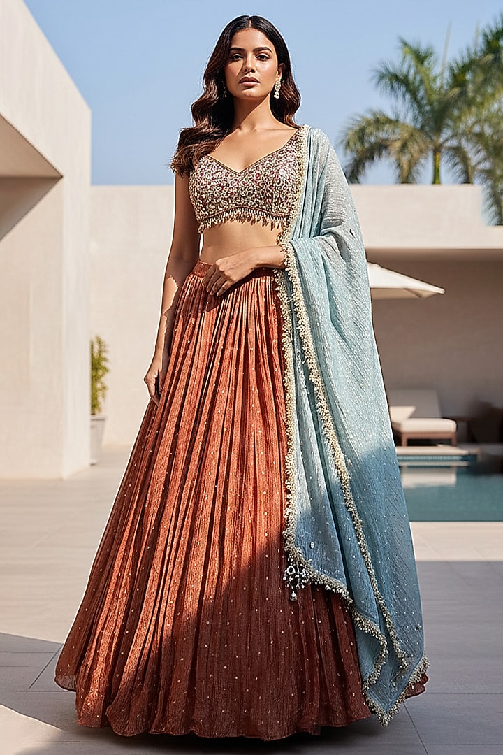 Red Tissue Embroidered Wedding Lehenga Set by Basanti - Kapde aur Koffee at Pernia's Pop Up Shop