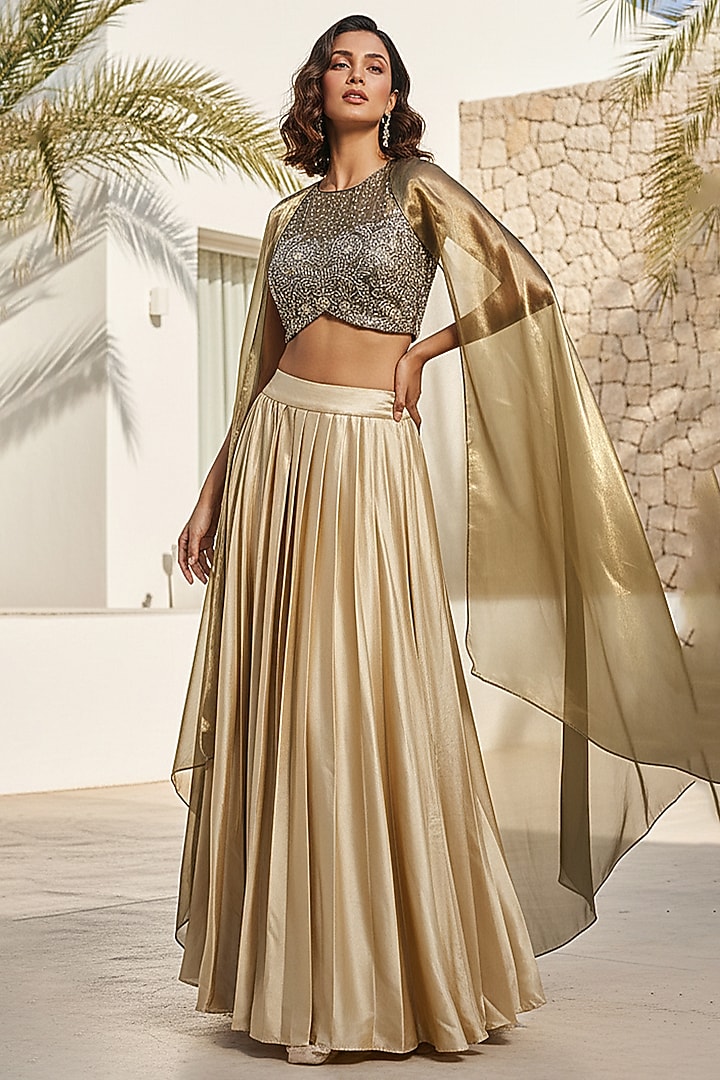 Gold Satin Lehenga Set by Basanti - Kapde aur Koffee at Pernia's Pop Up Shop