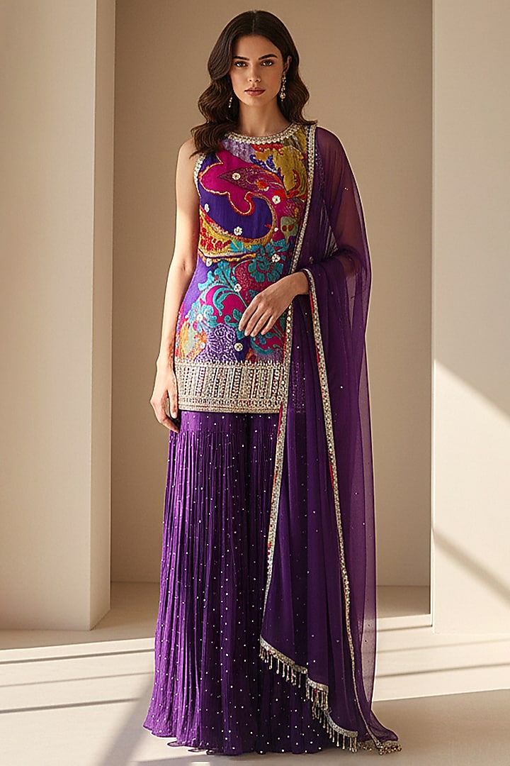 Purple Crepe Party Wear Sharara Set by Basanti - Kapde aur Koffee at Pernia's Pop Up Shop