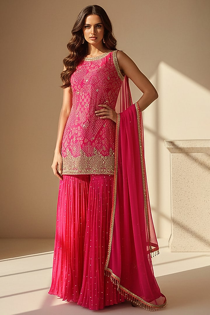 Pink Crepe Party Wear Sharara Set by Basanti - Kapde aur Koffee at Pernia's Pop Up Shop