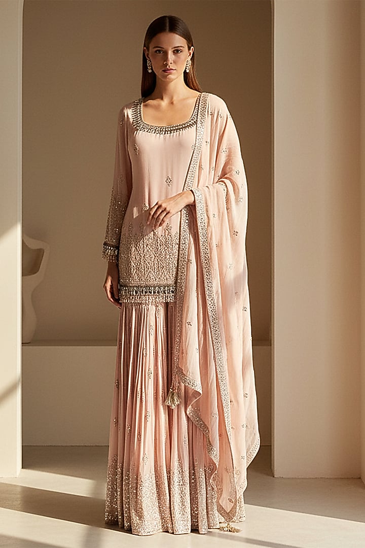 Blush Pink Georgette Party Wear Sharara Set by Basanti - Kapde aur Koffee at Pernia's Pop Up Shop