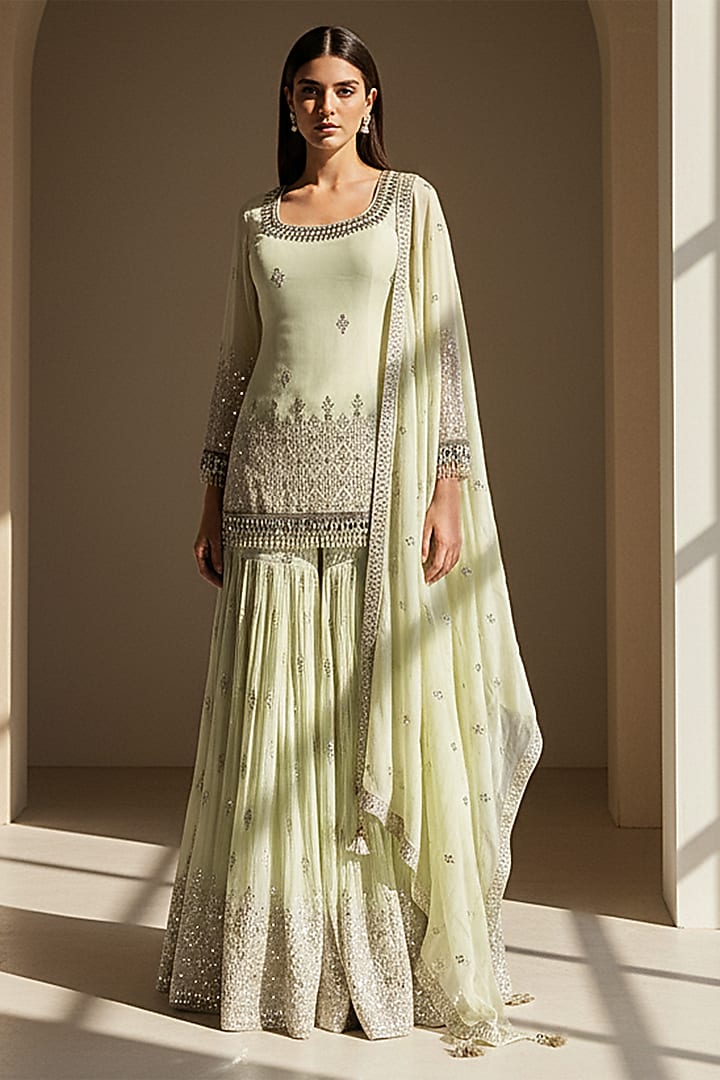 Green Georgette Mirror Embroidered Party Wear Sharara Set by Basanti - Kapde aur Koffee at Pernia's Pop Up Shop