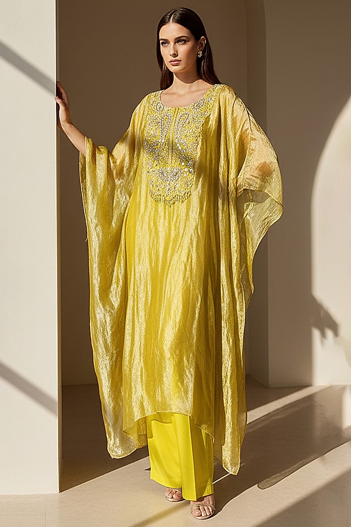 Lime Banarasi Zari Tissue Embellished Kaftan Set by Basanti - Kapde aur Koffee at Pernia's Pop Up Shop