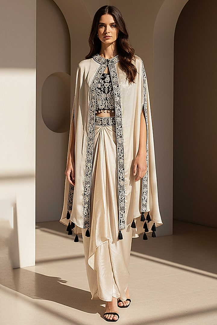 Ivory Chinon Silk Draped Skirt Set by Basanti - Kapde aur Koffee at Pernia's Pop Up Shop