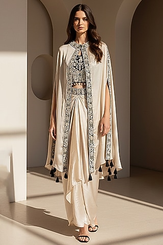 Ivory Chinon Silk Draped Skirt Set by Basanti - Kapde aur Koffee