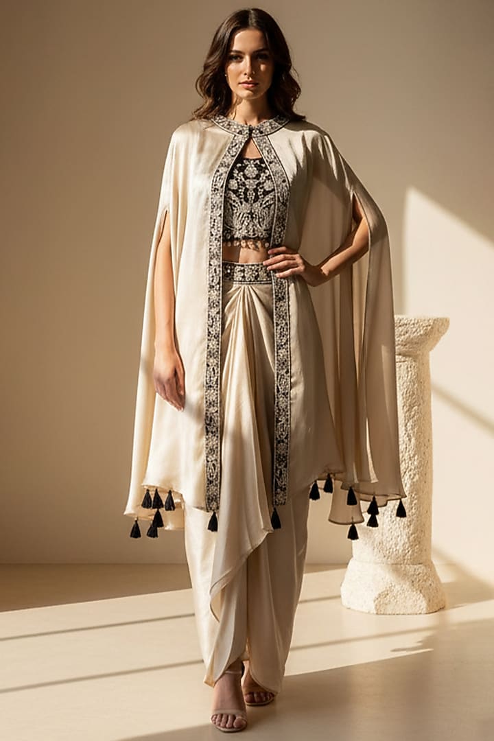 Ivory Chinon Silk Draped Skirt Set by Basanti - Kapde aur Koffee at Pernia's Pop Up Shop