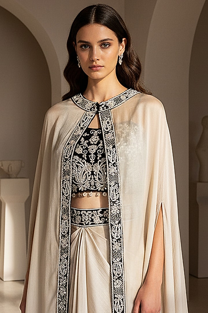 Ivory Chinon Silk Draped Skirt Set by Basanti - Kapde aur Koffee at Pernia's Pop Up Shop