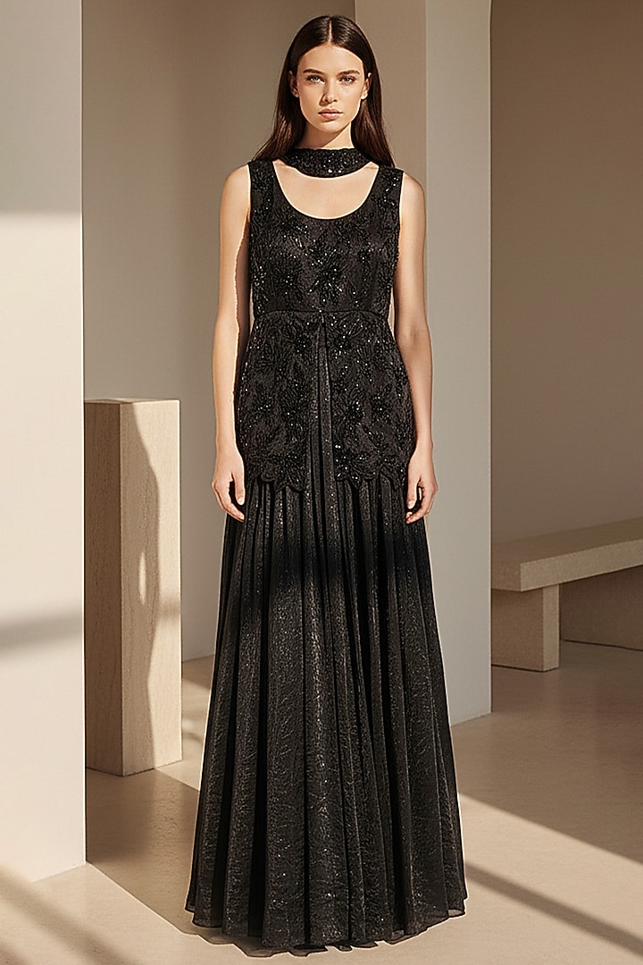 Black Satin Party Wear Sharara Set by Basanti - Kapde aur Koffee at Pernia's Pop Up Shop