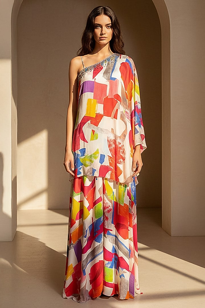 Ivory Crepe Printed & Embroidered Cape Set by Basanti - Kapde aur Koffee at Pernia's Pop Up Shop
