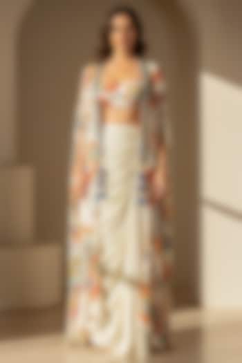 Ivory Crepe Printed & Embroidered Cape Set by Basanti - Kapde aur Koffee at Pernia's Pop Up Shop