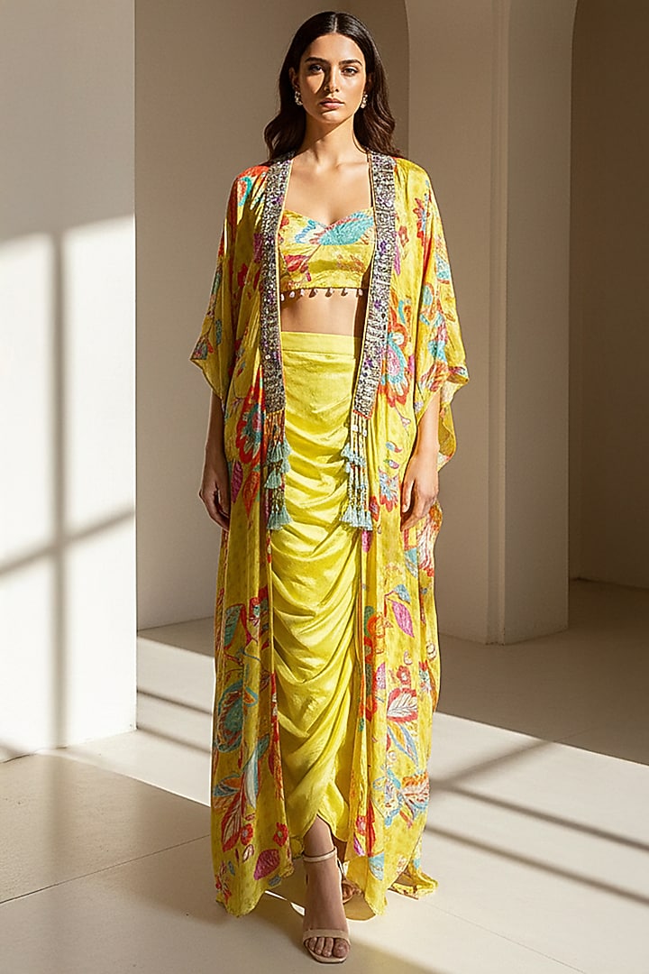 Lime Crepe Printed & Embroidered Cape Set by Basanti - Kapde aur Koffee at Pernia's Pop Up Shop