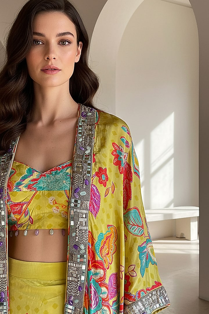 Lime Crepe Printed & Embroidered Cape Set by Basanti - Kapde aur Koffee at Pernia's Pop Up Shop