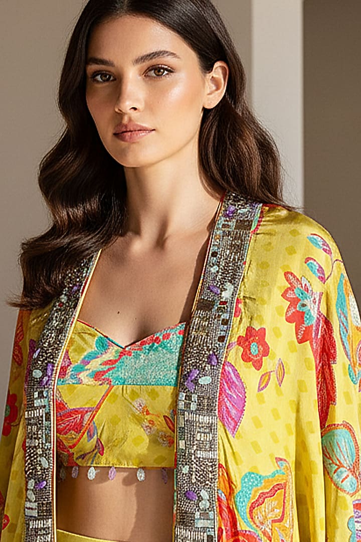 Lime Crepe Printed & Embroidered Cape Set by Basanti - Kapde aur Koffee at Pernia's Pop Up Shop