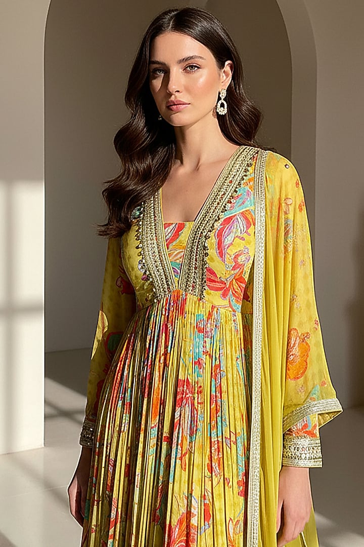 Lime Georgette Embellished Party Wear Anarkali Set by Basanti - Kapde aur Koffee at Pernia's Pop Up Shop