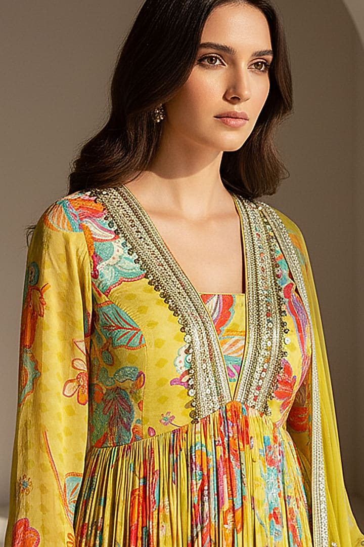 Lime Georgette Embellished Party Wear Anarkali Set by Basanti - Kapde aur Koffee at Pernia's Pop Up Shop