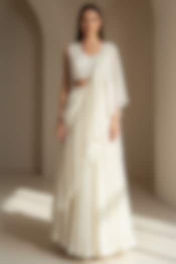 Ivory Organza Embroidered Draped Party Wear Saree Set by Basanti - Kapde aur Koffee at Pernia's Pop Up Shop