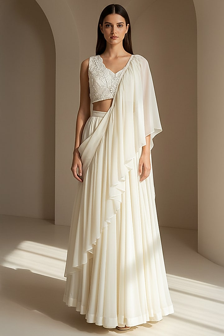 Ivory Organza Embroidered Draped Party Wear Saree Set by Basanti - Kapde aur Koffee at Pernia's Pop Up Shop