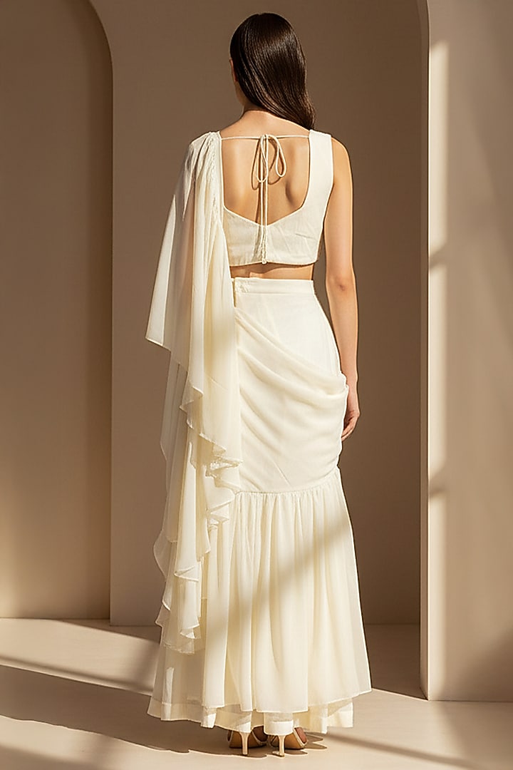 Ivory Organza Embroidered Draped Party Wear Saree Set by Basanti - Kapde aur Koffee at Pernia's Pop Up Shop
