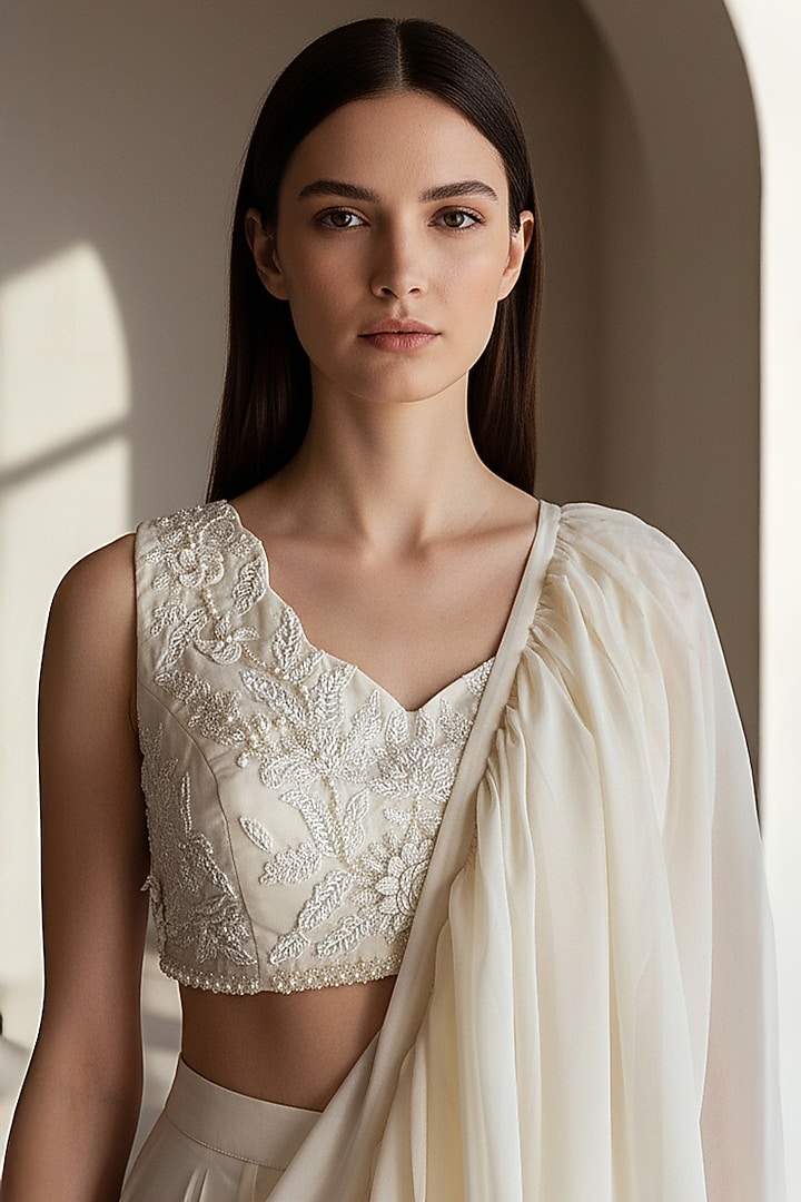 Ivory Organza Embroidered Draped Party Wear Saree Set by Basanti - Kapde aur Koffee at Pernia's Pop Up Shop