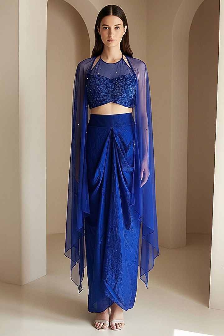 Blue Crushed Tissue Embroidered Cape Set by Basanti - Kapde aur Koffee at Pernia's Pop Up Shop