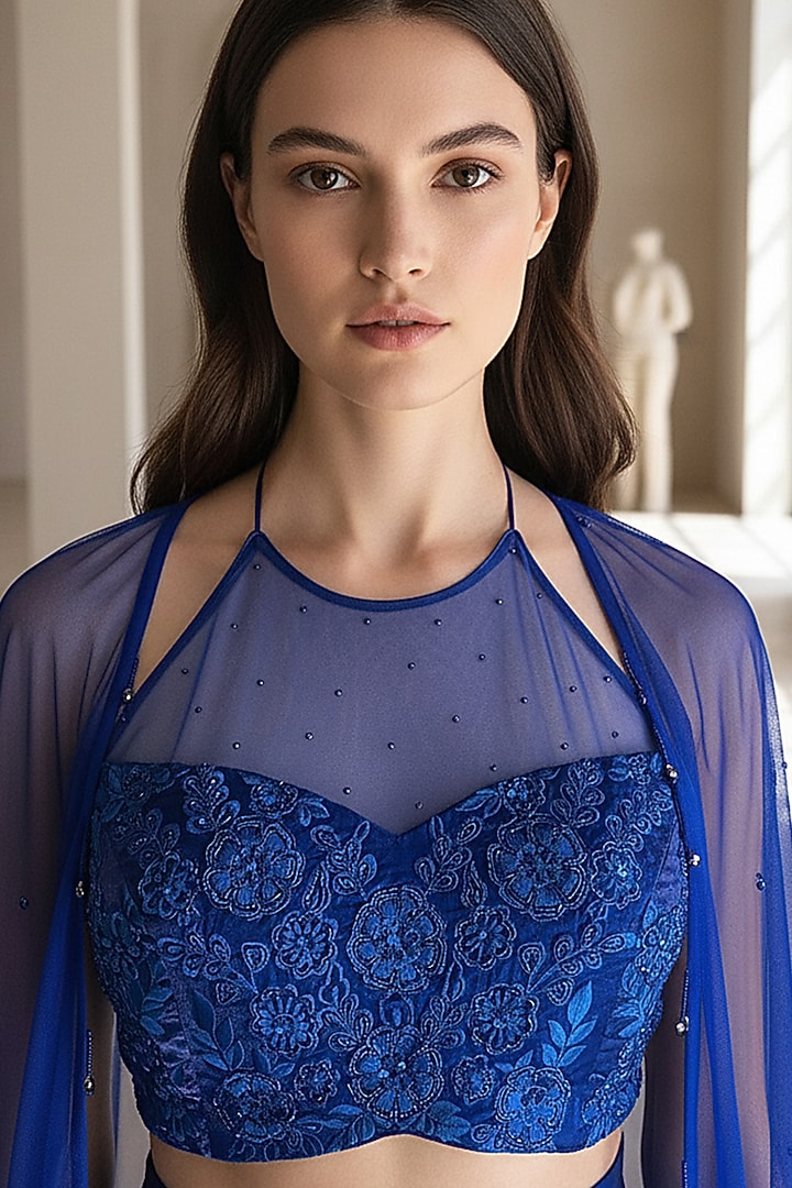 Blue Crushed Tissue Embroidered Cape Set by Basanti - Kapde aur Koffee at Pernia's Pop Up Shop