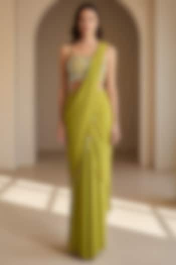 Green Chinon Embroidered Draped Festive Saree Set by Basanti - Kapde aur Koffee at Pernia's Pop Up Shop