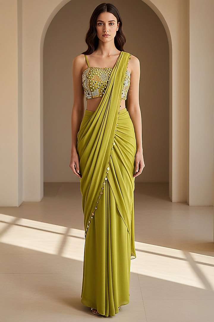 Green Chinon Embroidered Draped Festive Saree Set by Basanti - Kapde aur Koffee at Pernia's Pop Up Shop