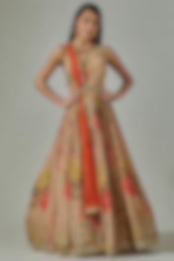 Beige Viscose Printed & Embroidered Handcrafted Party Wear Anarkali Set by Basanti - Kapde aur Koffee at Pernia's Pop Up Shop