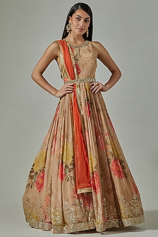 Beige Viscose Printed & Embroidered Handcrafted Anarkali Set by Basanti - Kapde aur Koffee