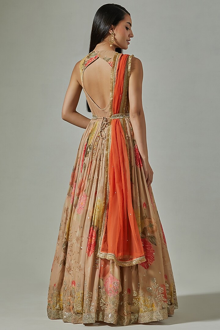 Beige Viscose Printed & Embroidered Handcrafted Party Wear Anarkali Set by Basanti - Kapde aur Koffee at Pernia's Pop Up Shop