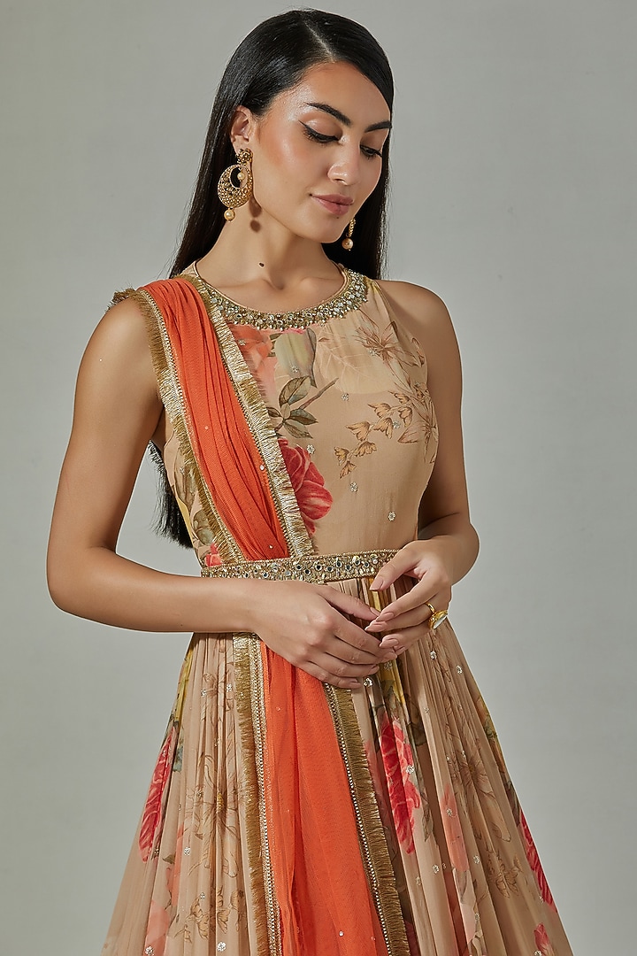 Beige Viscose Printed & Embroidered Handcrafted Party Wear Anarkali Set by Basanti - Kapde aur Koffee at Pernia's Pop Up Shop