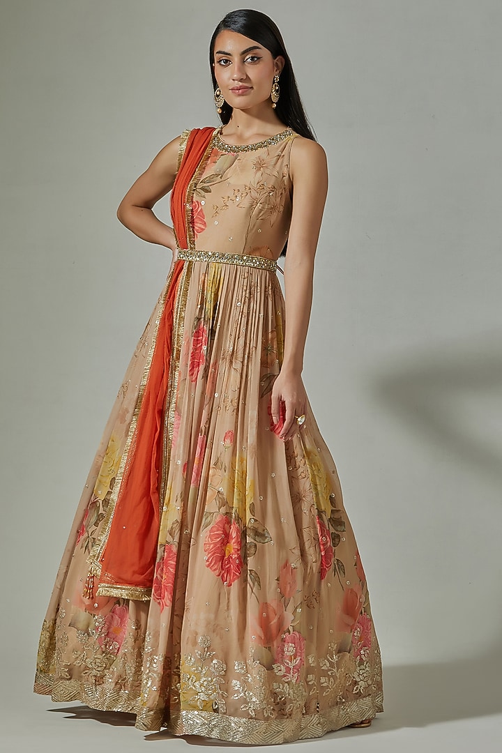Beige Viscose Printed & Embroidered Handcrafted Party Wear Anarkali Set by Basanti - Kapde aur Koffee at Pernia's Pop Up Shop