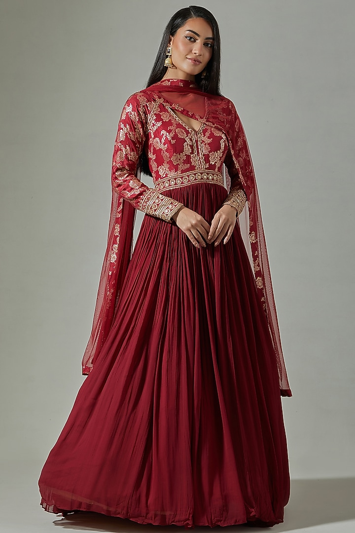 Rust Banarasi & Georgette Embroidered Party Wear Anarkali Set by Basanti - Kapde aur Koffee at Pernia's Pop Up Shop