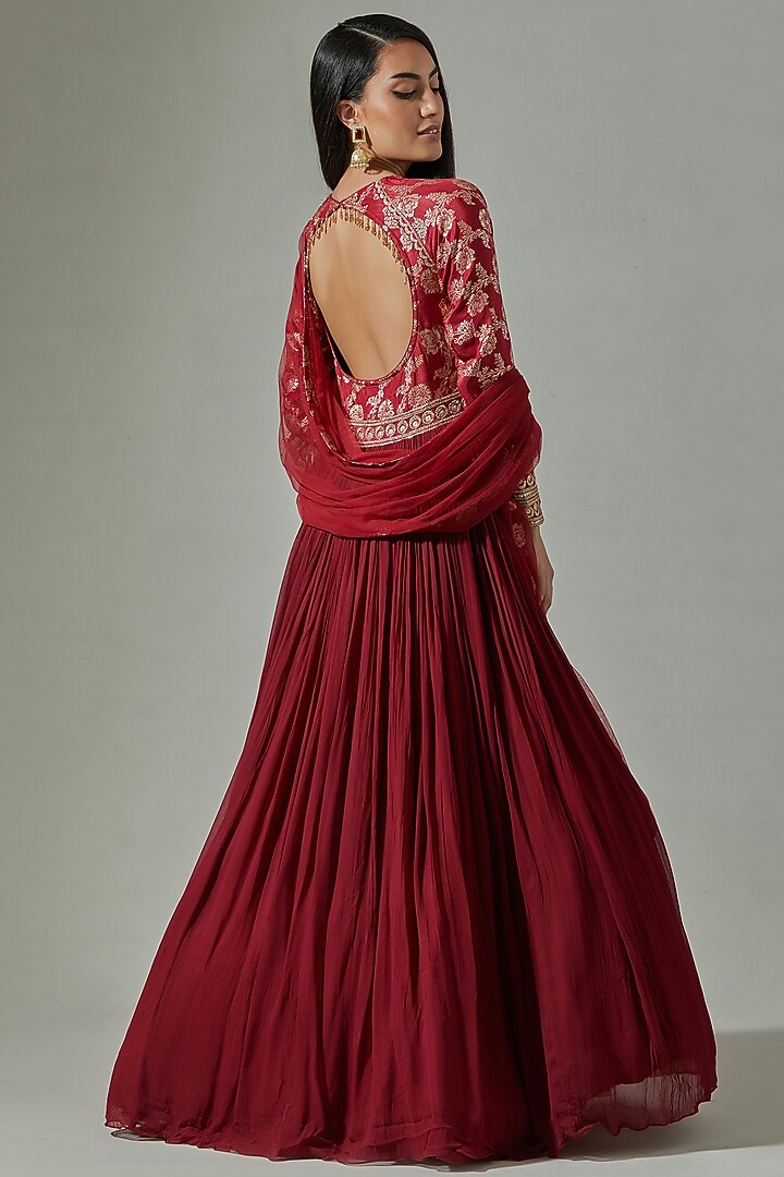 Rust Banarasi & Georgette Embroidered Party Wear Anarkali Set by Basanti - Kapde aur Koffee at Pernia's Pop Up Shop